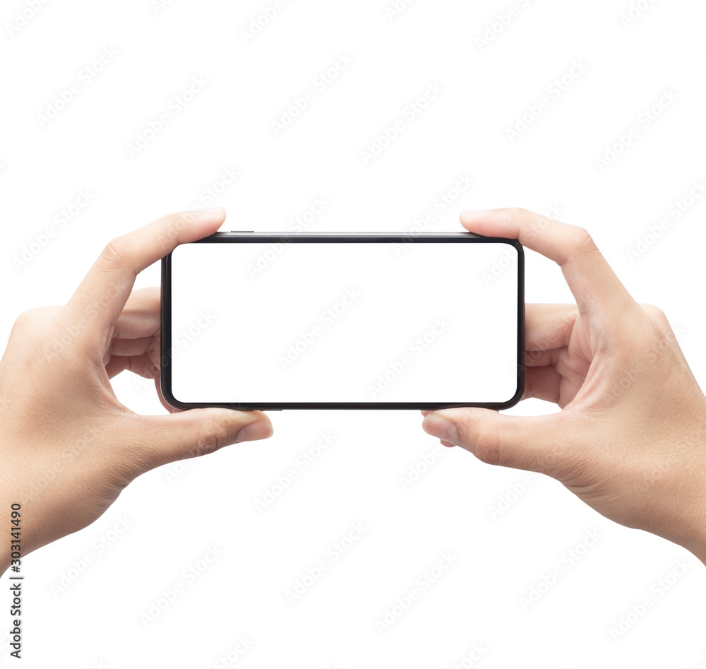 Male hand holding the black smartphone with blank screen isolated on white background with clipping path. Male hand holding the black smartphone with blank screen isolated on white background with clipping path.
