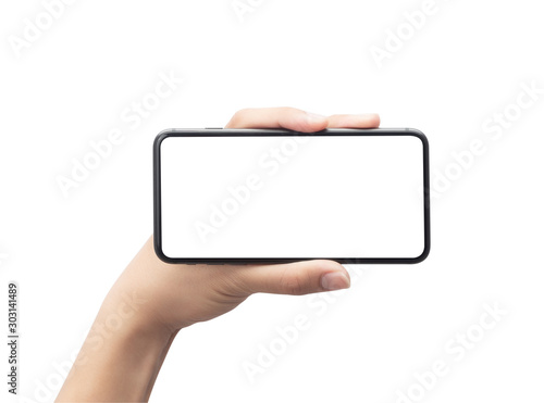 Male hand holding the black smartphone with blank screen isolated on white background with clipping path.