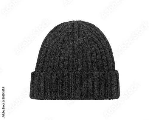 Dark grey beanie hat isolated on white background with clipping path.