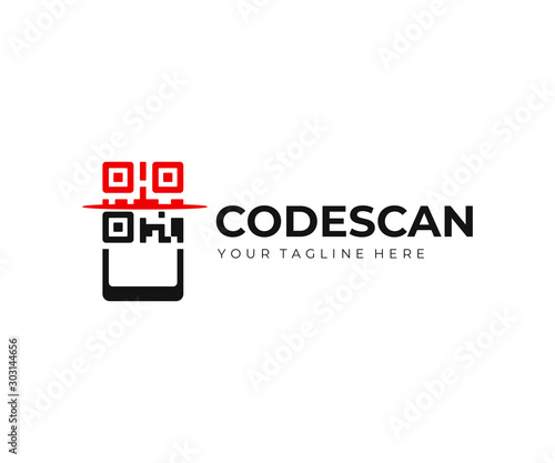 QR code scanning logo design. QR code scanner on smartphone vector design. Quick response code logotype