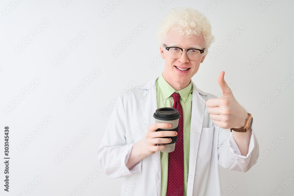 Albino scientist man wearing glasses drinking take away coffee over isolated white background happy with big smile doing ok sign, thumb up with fingers, excellent sign Albino scientist man wearing glasses drinking take away coffee over isolated white background happy with big smile doing ok sign, thumb up with fingers, excellent sign