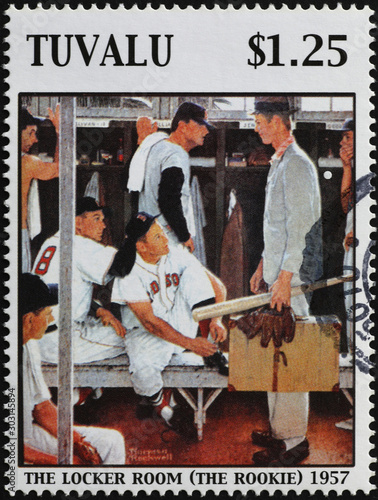 Painting by Norman Rockwell on baseball, postage stamp