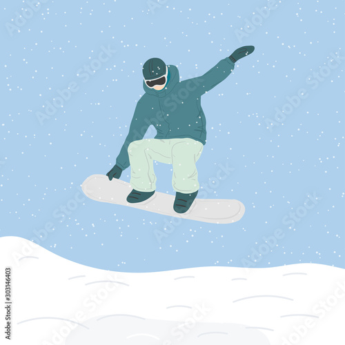 Flat vector illustration of snowboard. Winter sport and recreation. Snowboarding resort with young jumping man.