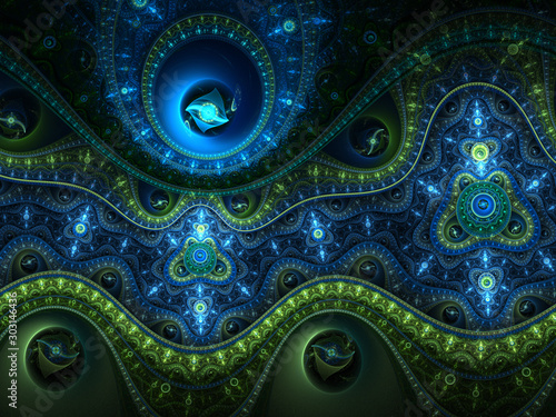 Water themed fractal clockwork, digital artwork for creative graphic design