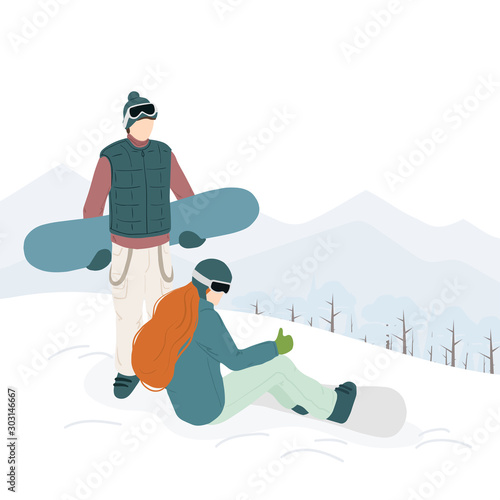 Flat vector illustration of snowboard. Couple of snowboarders in the mountains. Winter sport and recreation. Snowboarding resort with young man and woman.