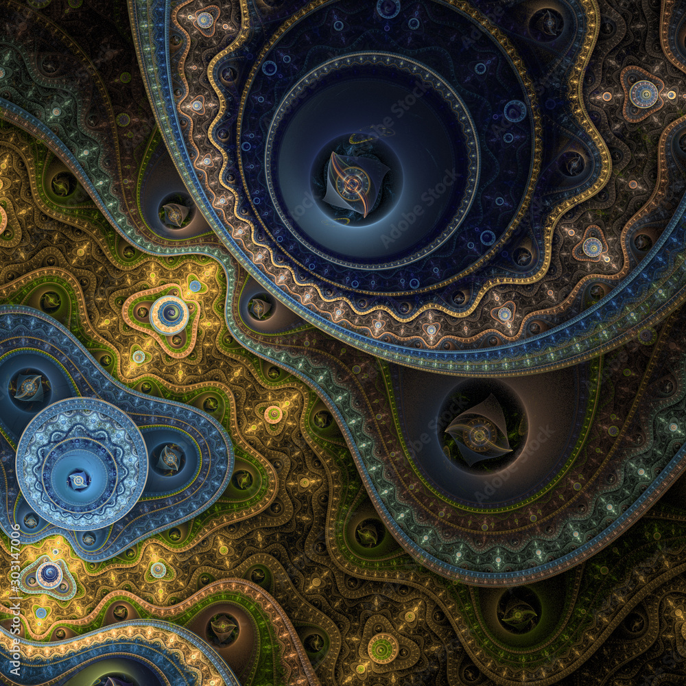 Gold and blue fractal steampunk time machine, digital artwork for creative graphic design