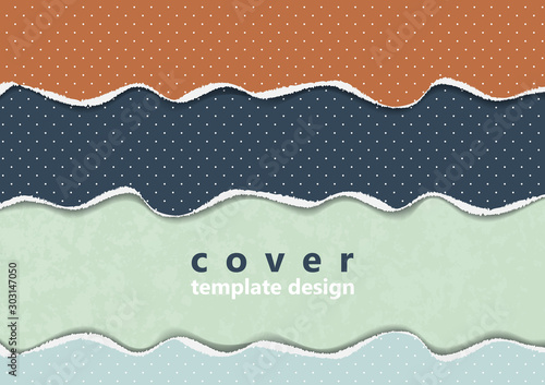 Bright background from colored pieces of paper torn around the edges, polka dots. Creative abstract waves. Template for your design.