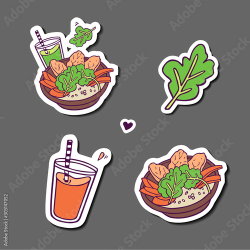 Stikers set. Healthy meals and beverages. Hand-drawn in cartoon style, colored artwork isolated with white mount,  in vector