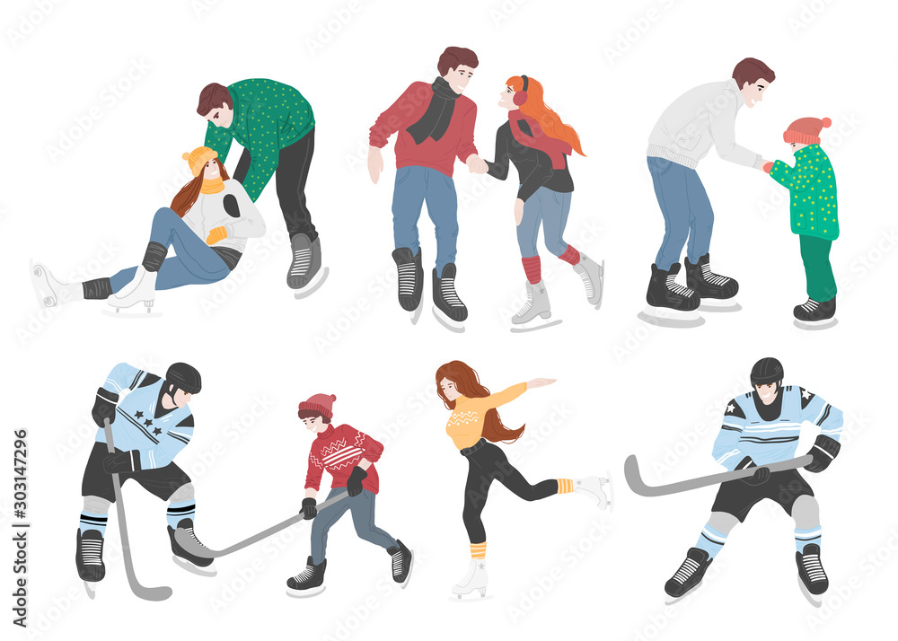 vector flat set of illustration with people skating in rink and hockey players