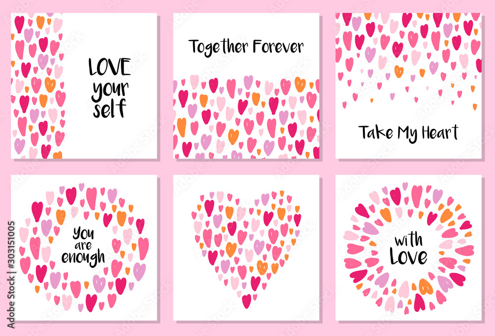 Cute set of cards background with hand drawn hearts