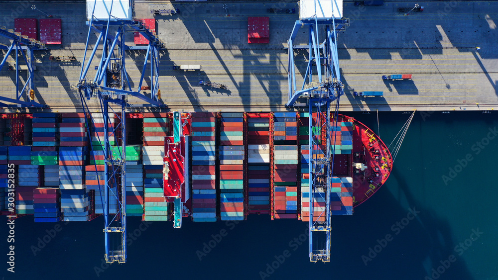 Aerial top down photo of industrial cargo container logistics terminal - obrazy, fototapety, plakaty 