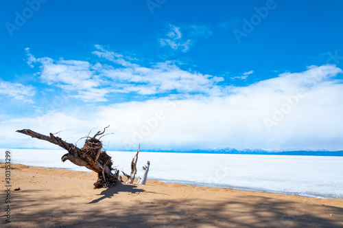 frozen lake Khubsugul in the mountains of Mongolia, beautiful winter landscape
