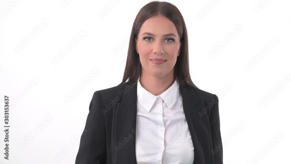 Happy friendly young beautiful business woman showing finger and picking you then beckoning. Headshot portrait over white studio background. Happy friendly young beautiful business woman showing finger and picking you then beckoning. Headshot portrait over white studio background.