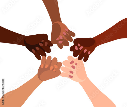Illustration of a group of people's hands with different skin color together. Diverse crowd, race equality, communication vector art in minimal flat style.