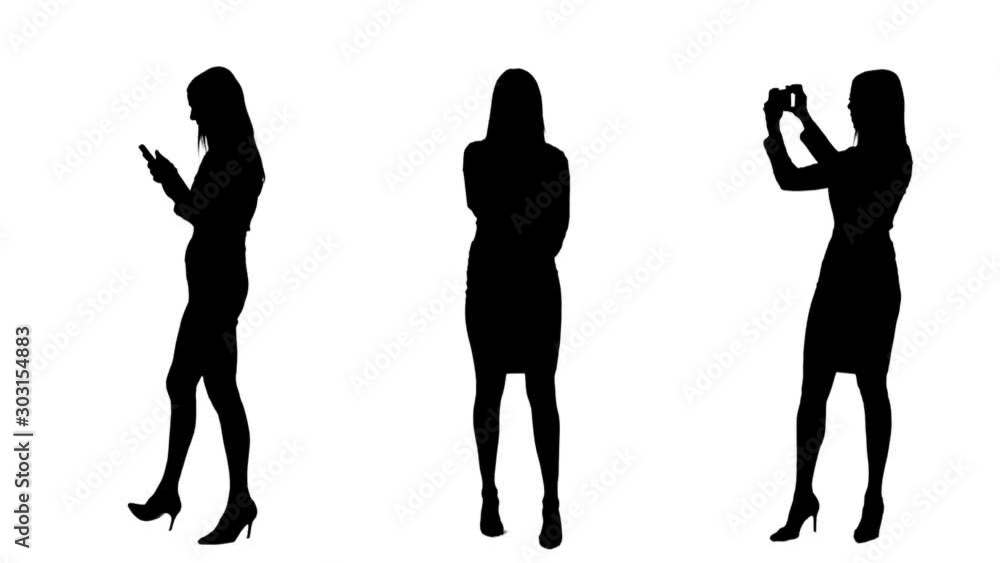 Silhouettes set of business woman using cell phone photographing and having phone call isolated on white background. Silhouettes set of business woman using cell phone photographing and having phone call isolated on white background.