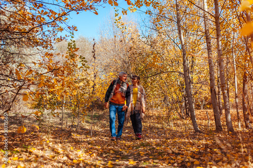 Fall activities. Senior couple walking in autumn park. Elderly man and woman hugging and chilling outdoors