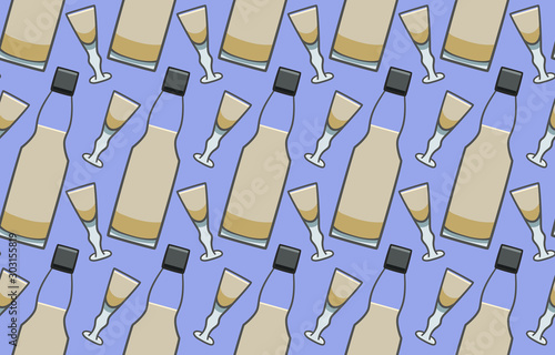 Bottle and glass with sherry seamless pattern on purle background