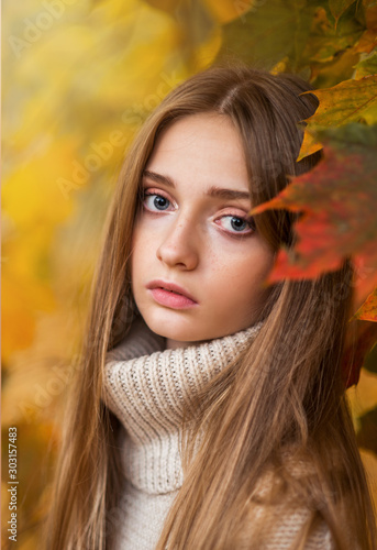 portrait of a beautiful girl on the background of autumn leaves