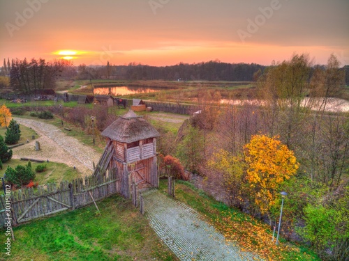 old wooden tower over the river