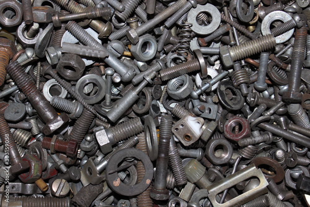 Metal bolts and nuts. View from above. Russia. Metal bolts and nuts. View from above. Russia.