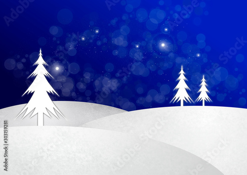 Illustration of three Christmas Trees standing a snowy landscape. The night sky is blue and snowflakes aer falling.