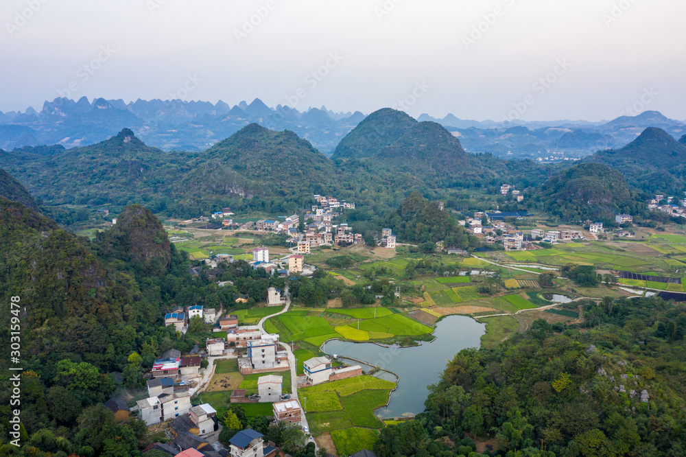 Drone View of Guilin, Li River and Karst mountains, Guilin city, Guangxi, province, China
