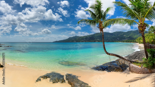Fototapeta Naklejka Na Ścianę i Meble -  Tropical beach panoramic view of exotic in Seychelles, Beau Vallon beach, Mahe island. 