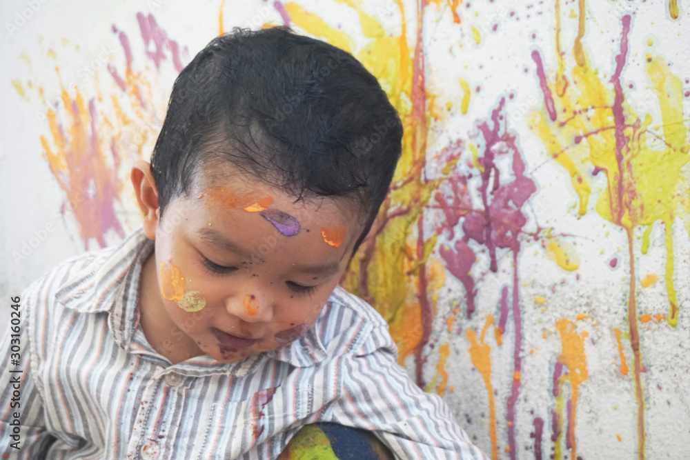 Asian boys one year and three months playing color mixing activities artist concept. Asian boys one year and three months playing color mixing activities artist concept.