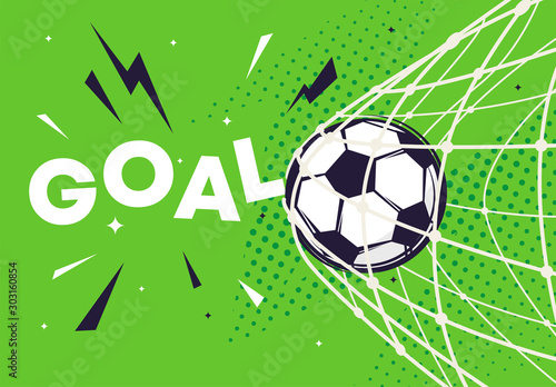 Vector illustration of a football in a net goal, goal scored