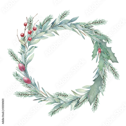 Christmas isolated wreath with fir, mistletoe, rosemary and holly branches on...