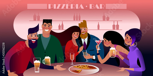 Millennials meeting at a pizzeria. Flat vector illustration.