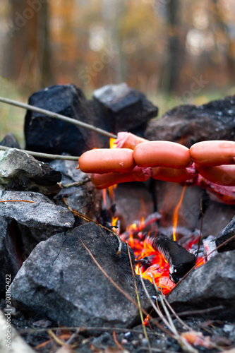 Fencing for a fire from stones are prepared sausages on a fire in the fall