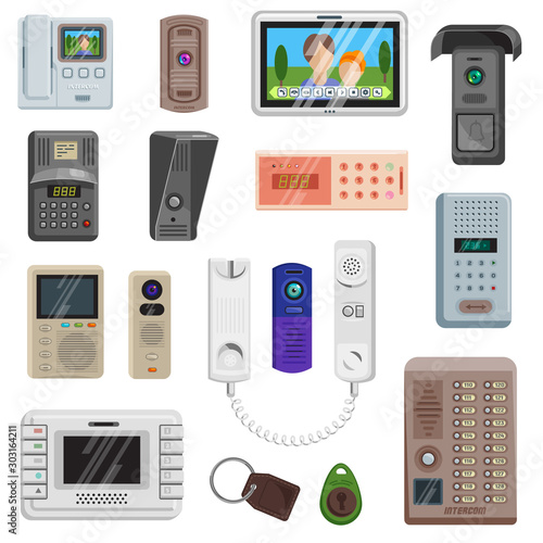 Intercom vector on-door communication equipment in house illustration set of door entrance protection security safety system access doorbell video technology key trinket isolated on white background