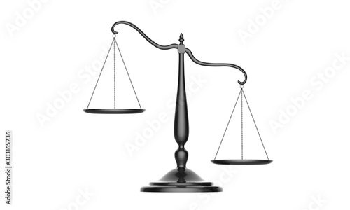 3d illustration of black colored balance scale tipped to one side isolated on white