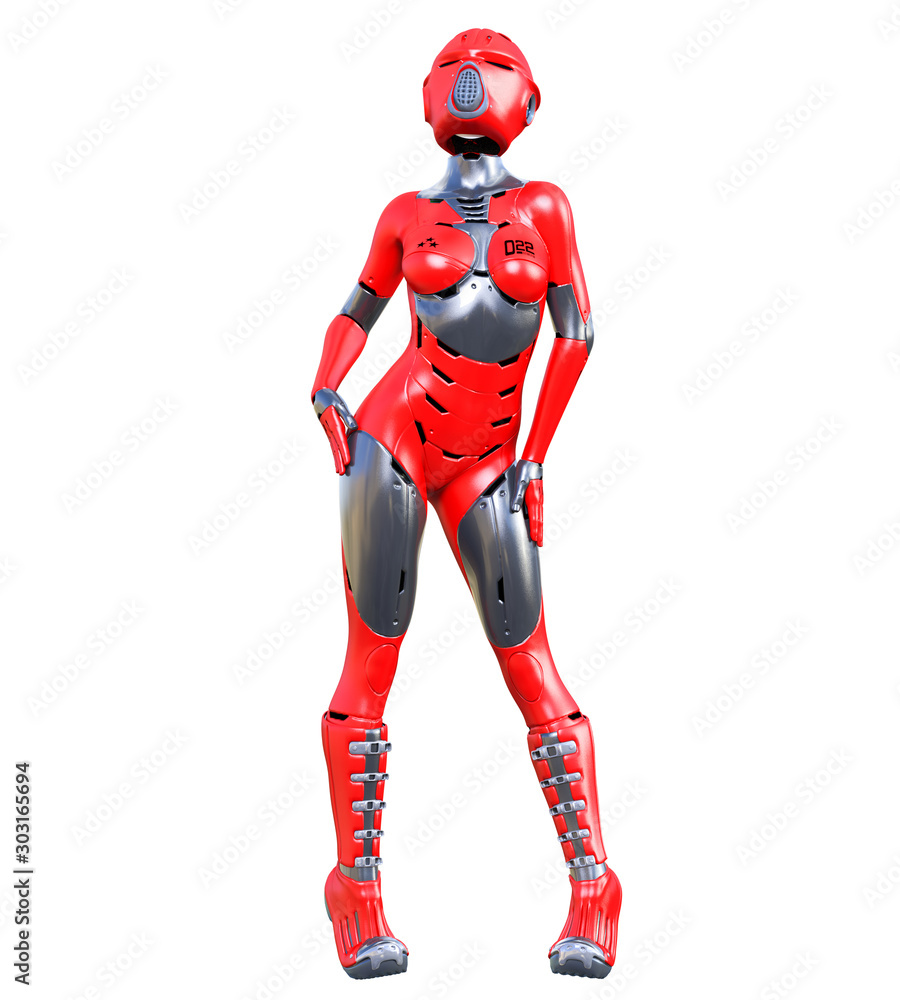 Robot woman. Red matte metal droid. Artificial Intelligence. Robot woman. Red matte metal droid. Artificial Intelligence.