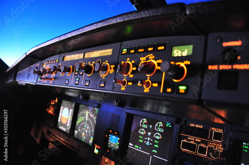 Cockpit of an Airbus A320 in cruise from the first officer seat Stock Photo  | Adobe Stock