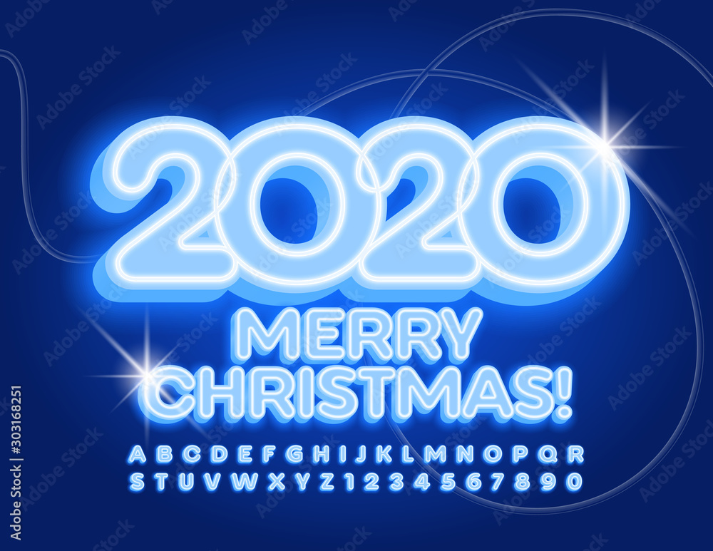 Vector bright Greeting Card Merry Christmas 2020! Blue Neon 3D Font. Glowing electric Alphabet Letters and Numbers. Vector bright Greeting Card Merry Christmas 2020! Blue Neon 3D Font. Glowing electric Alphabet Letters and Numbers.