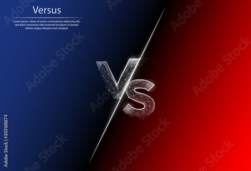 Abstract image VS in the form of a starry sky or space, consisting of points, lines, and shapes. 3D Low poly vector background. Confrontation on a red and blue background