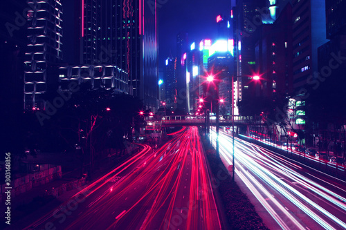 Night Time Car Trails in Hong Kong with a Retro Outrun Color Effect