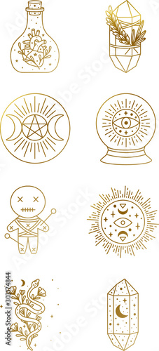 Witch and Magic Collection with moon, triple moon goddess, voodoo doll, crystal, snake, and sun symbols in Vector