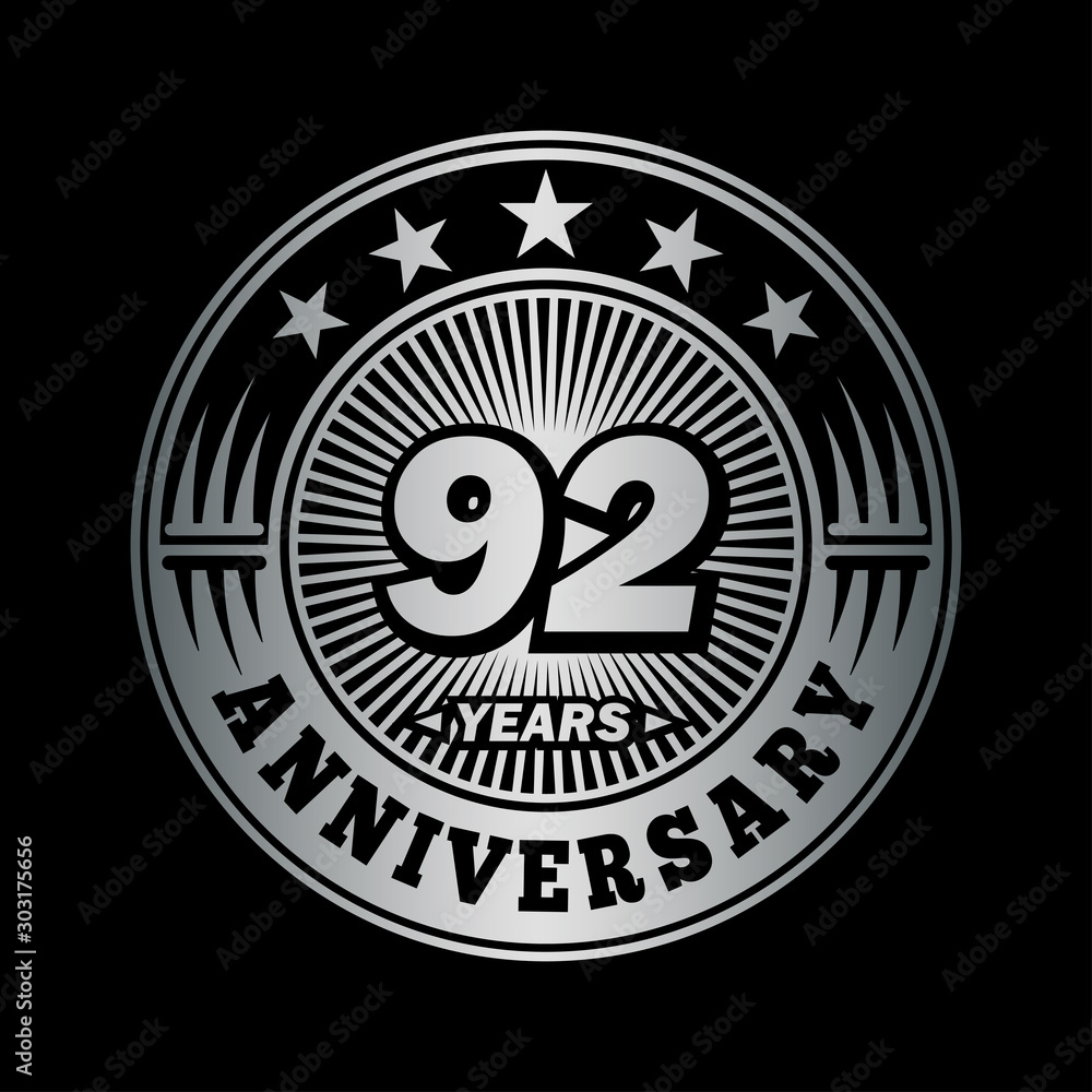 92 years anniversary celebration logo design. Vector and illustration.