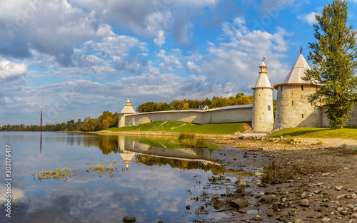 Pskov Krom (Kremlin), historical and architectural center of Pskov. It is located on a narrow and high promontory at the confluence of the Pskov river in the Velikaya river. photo