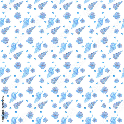 Marine seamless pattern with the image of shells of different shapes. Hand pencil drawing. Isolated on a white background.