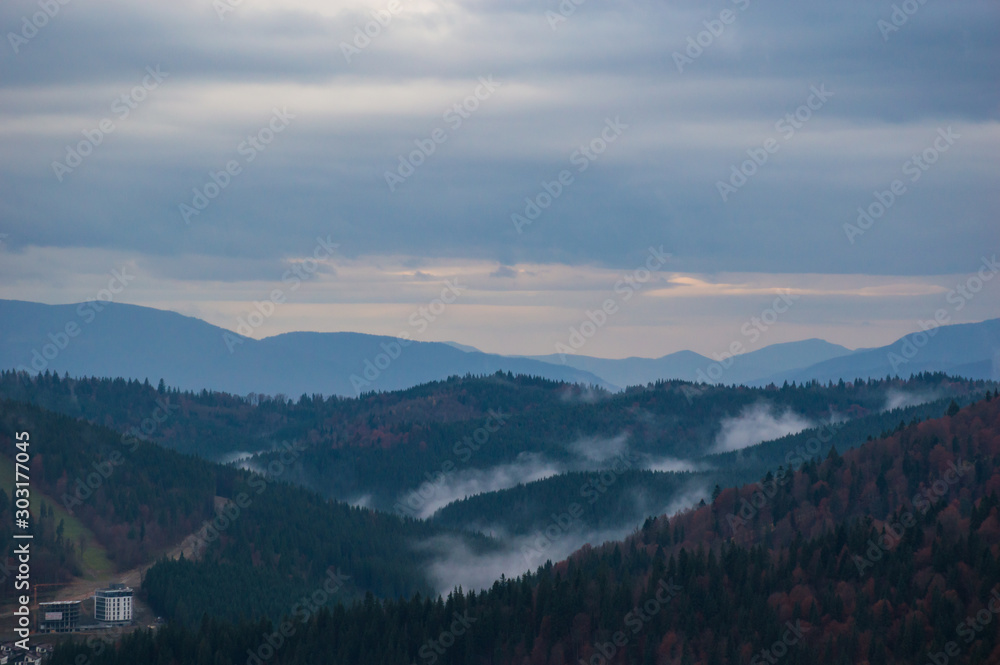 Autumn landscape background in the rain weather with fog Autumn landscape background in the rain weather with fog