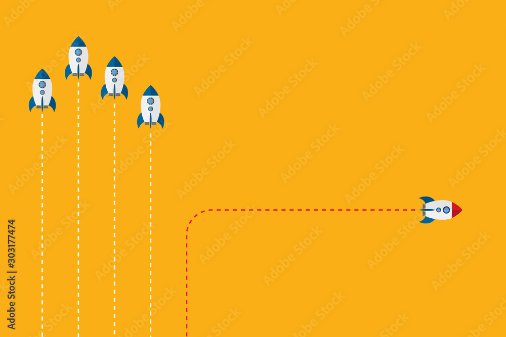 Fototapeta premium Different Approach - Different Direction. Group of rockets flying in one direction and with one individual flying in the different way, can be used leadership/individuality concepts.