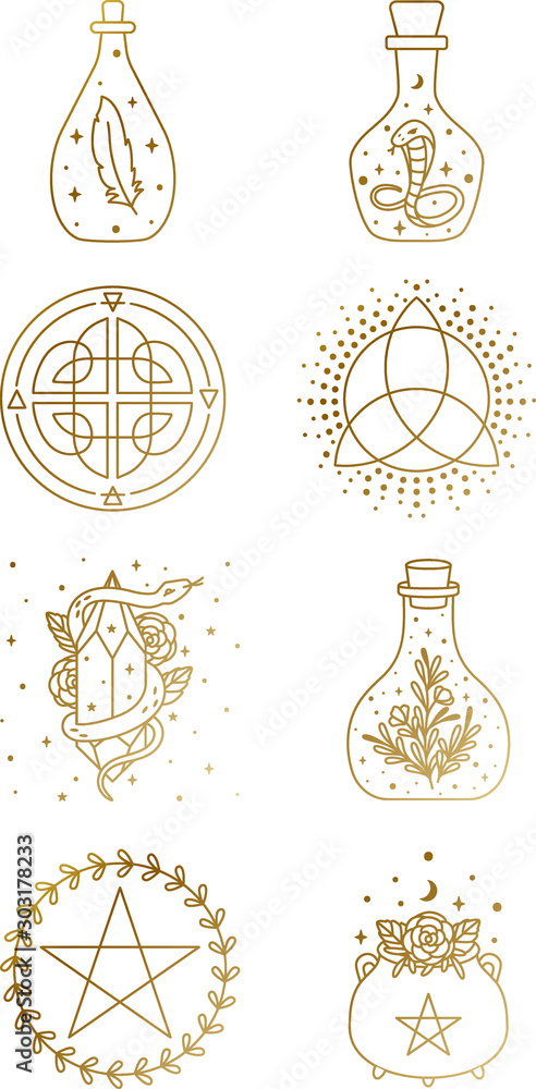 Mystical and Magic Logo Collection with Mason Jar, Snake, Cauldron, and ...