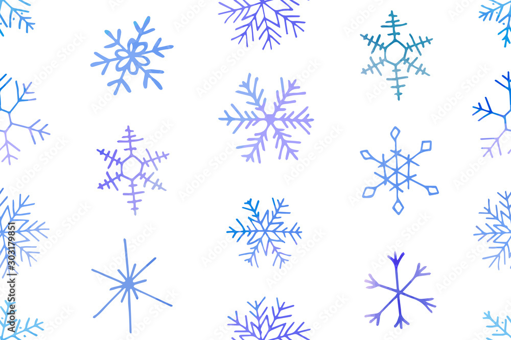 Seamless winter pattern of artistic blue snowflakes with watercolor texture. Stock vector set. For printed materials, prints, posters, cards, logo. Holiday background. Hand drawn decorative elements Seamless winter pattern of artistic blue snowflakes with watercolor texture. Stock vector set. For printed materials, prints, posters, cards, logo. Holiday background. Hand drawn decorative elements