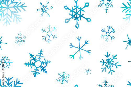 Seamless winter pattern of artistic blue snowflakes with watercolor texture. Stock vector set. For printed materials, prints, posters, cards, logo. Holiday background. Hand drawn decorative elements