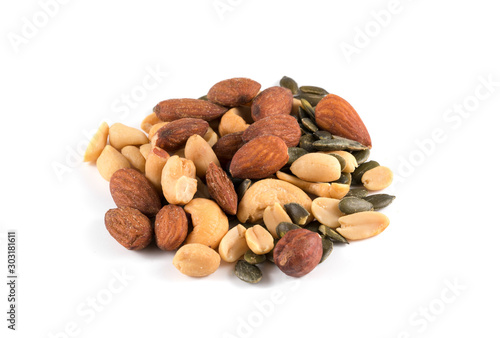Line border made of multiple different nuts and seed mix, composition isolated over the white background