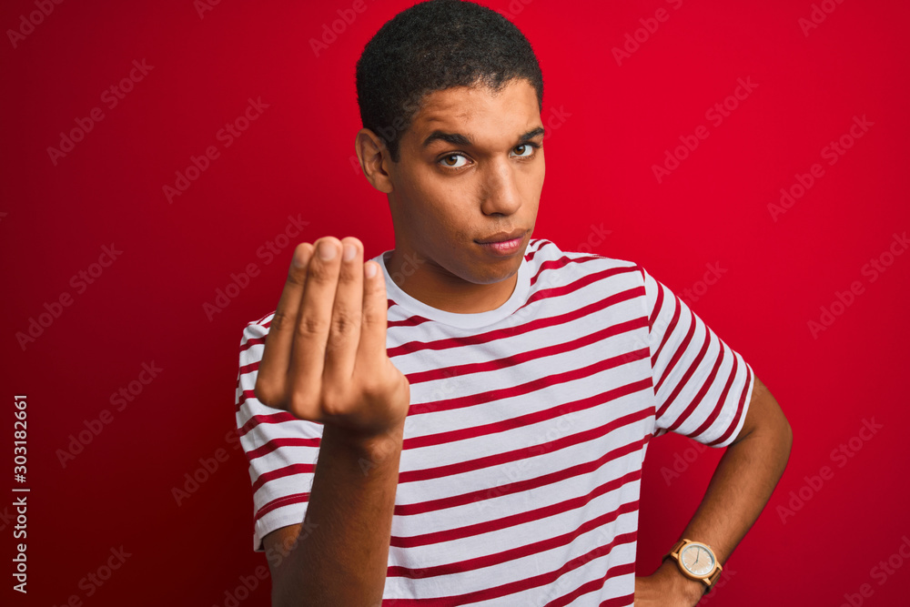 Young handsome arab man wearing striped t-shirt over isolated red background Doing Italian gesture with hand and fingers confident expression Young handsome arab man wearing striped t-shirt over isolated red background Doing Italian gesture with hand and fingers confident expression